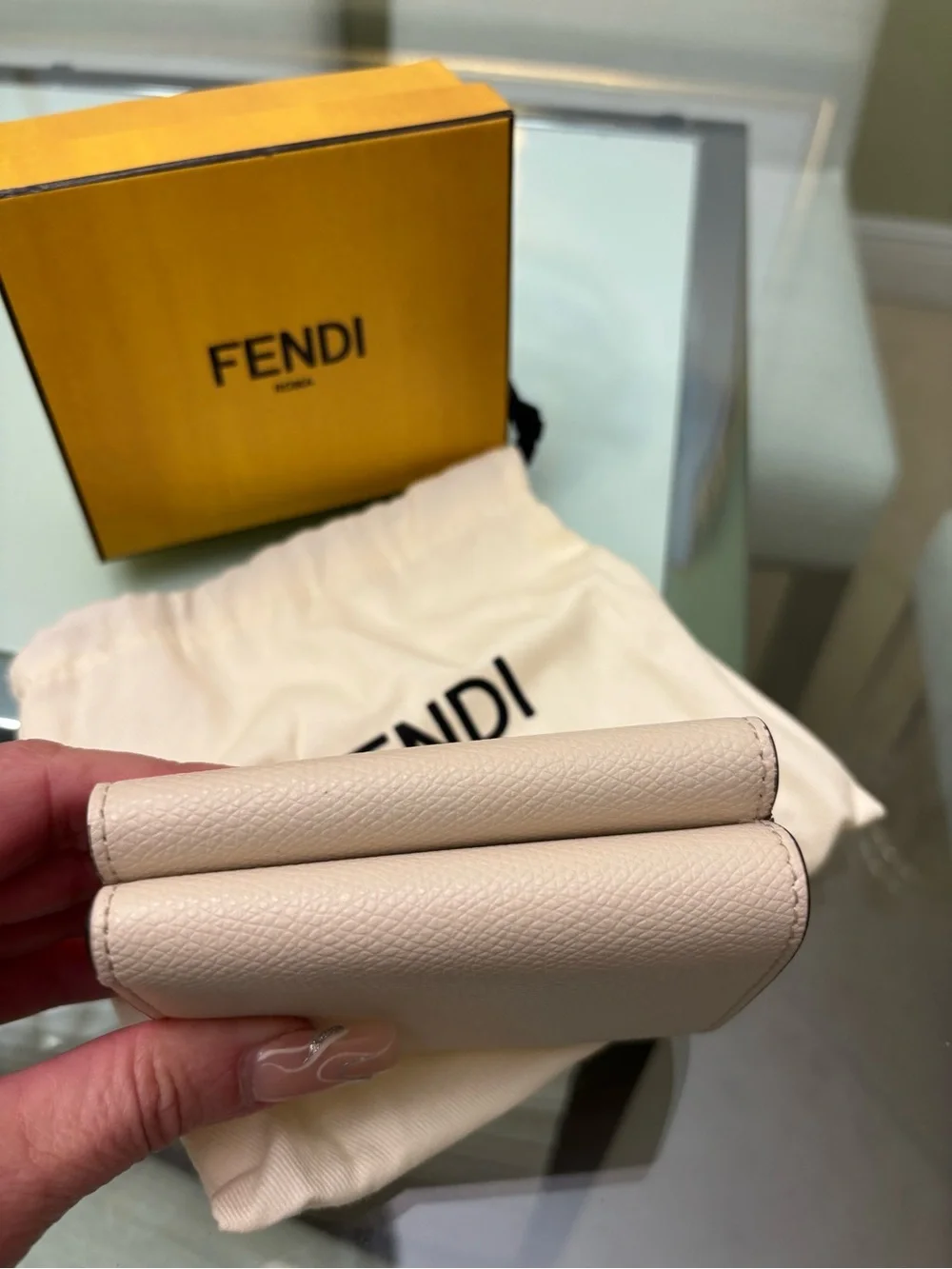 Authentic Fendi Tri-fold light pink and Cream Leather Wallet with Gold FF Logo